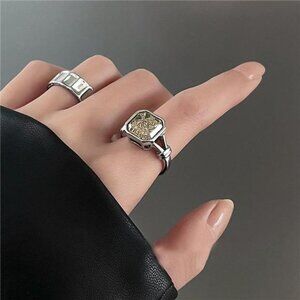 Chunky Silver Square Crystal Ring Set – Bold Statement Band, Adjustable